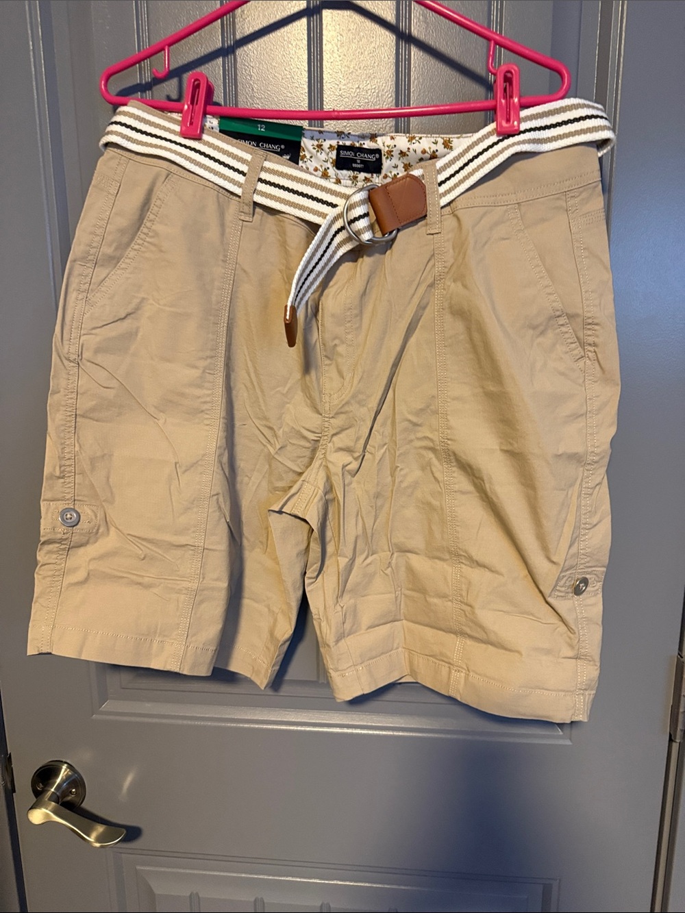 Simon Chang Tan Cargo Shorts with Striped Cotton Belt